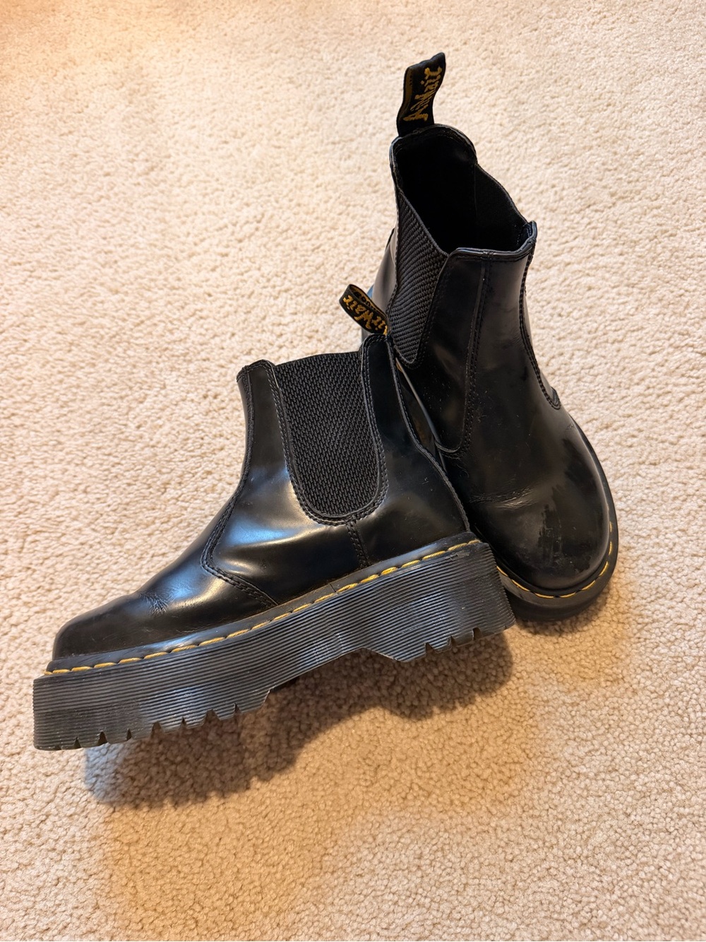 Dr. Martens Black Platform Chelsea Boots with Yellow Stitching